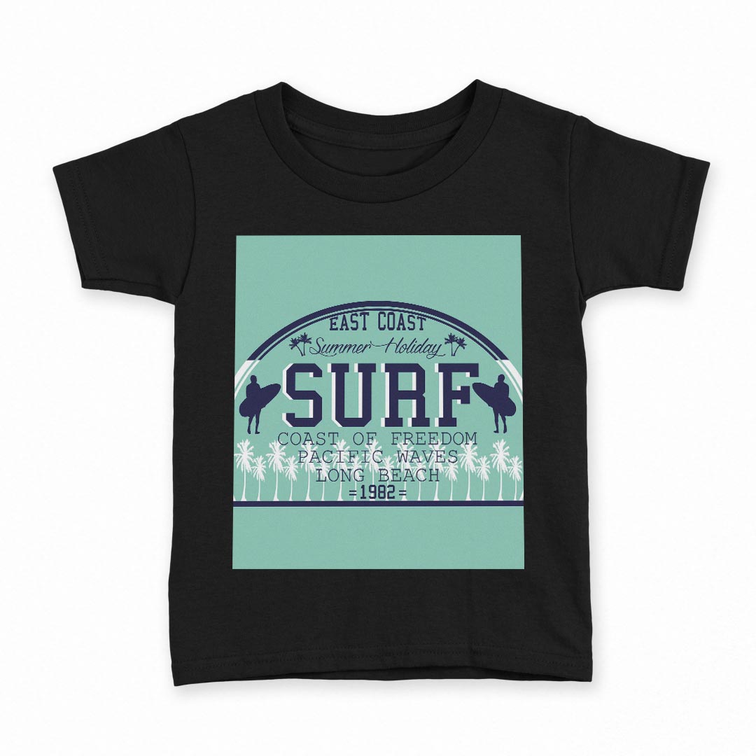 tシャツ キッズ 半袖 黒地 ブラック デザイン 90 100 110 120 130 140 150 Tシャツ ティーシャツ T shirt 012455 サーフ　ロゴ　ビーチ