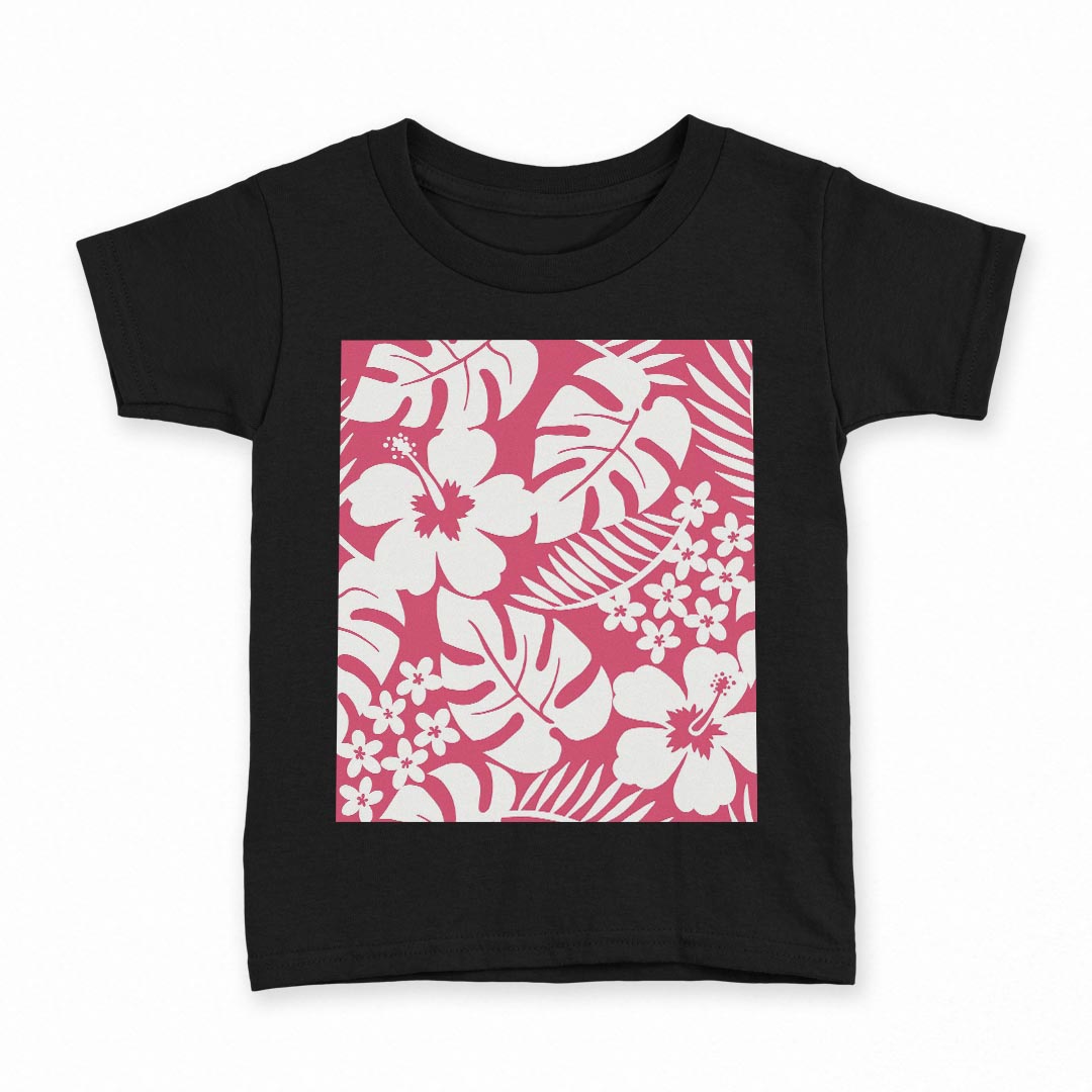 tシャツ キッズ 半袖 黒地 ブラック デザイン 90 100 110 120 130 140 150 Tシャツ ティーシャツ T shirt 012488 ハイビスカス　植物　ピンク