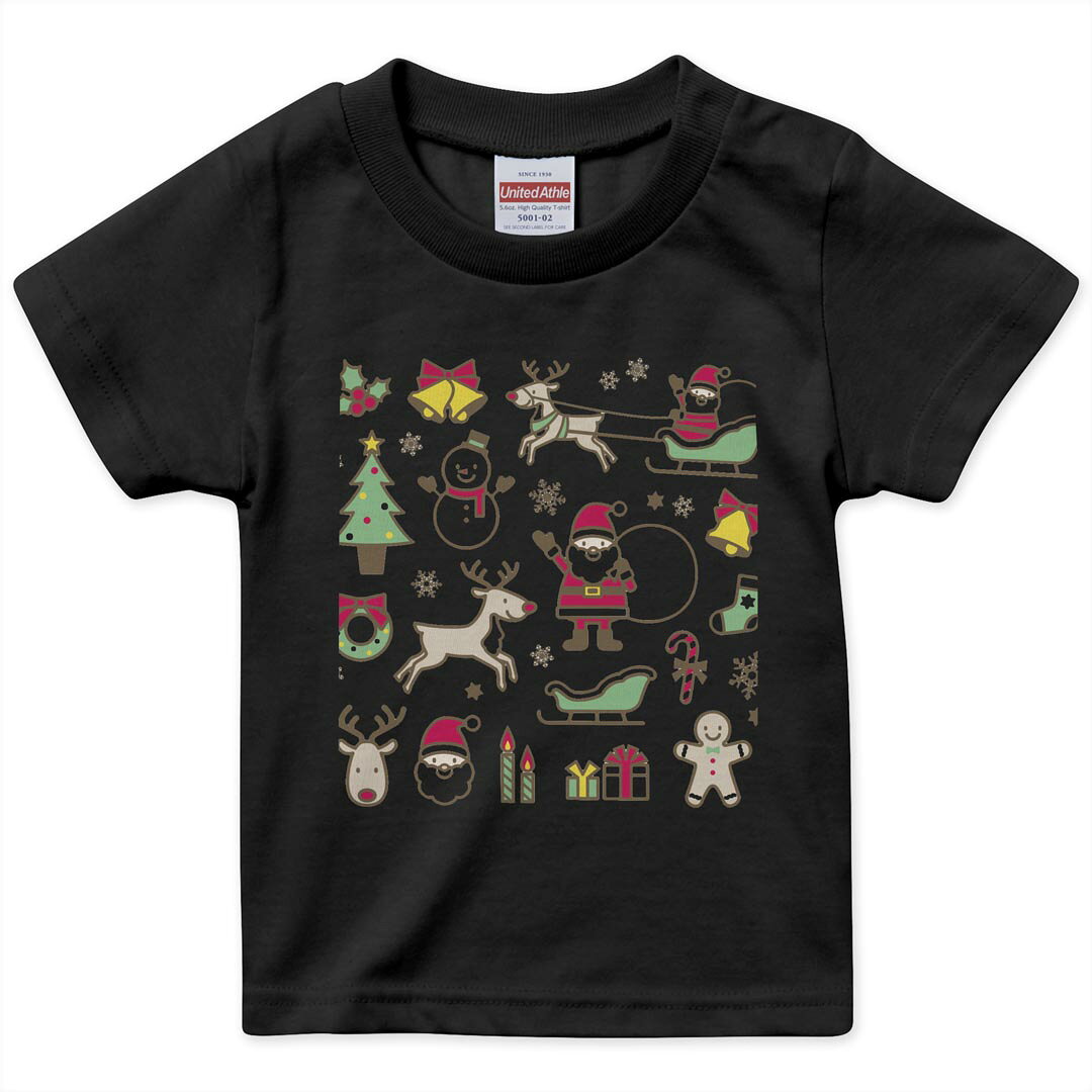 tシャツ キッズ 半袖 黒地 ブラック デザイン 90 100 110 120 130 140 150 Tシャツ ティーシャツ T shirt 013795 クリスマス　サンタ　トナカイ