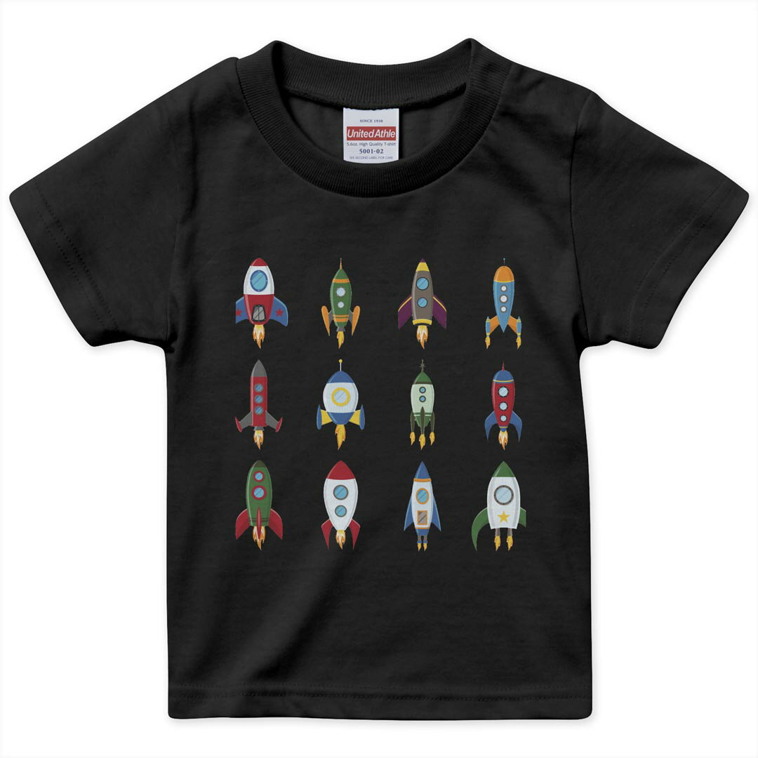 楽天kabeコレtシャツ キッズ 半袖 黒地 ブラック デザイン 90 100 110 120 130 140 150 160 Tシャツ ティーシャツ T shirt 013813 ロケット　乗り物　宇宙