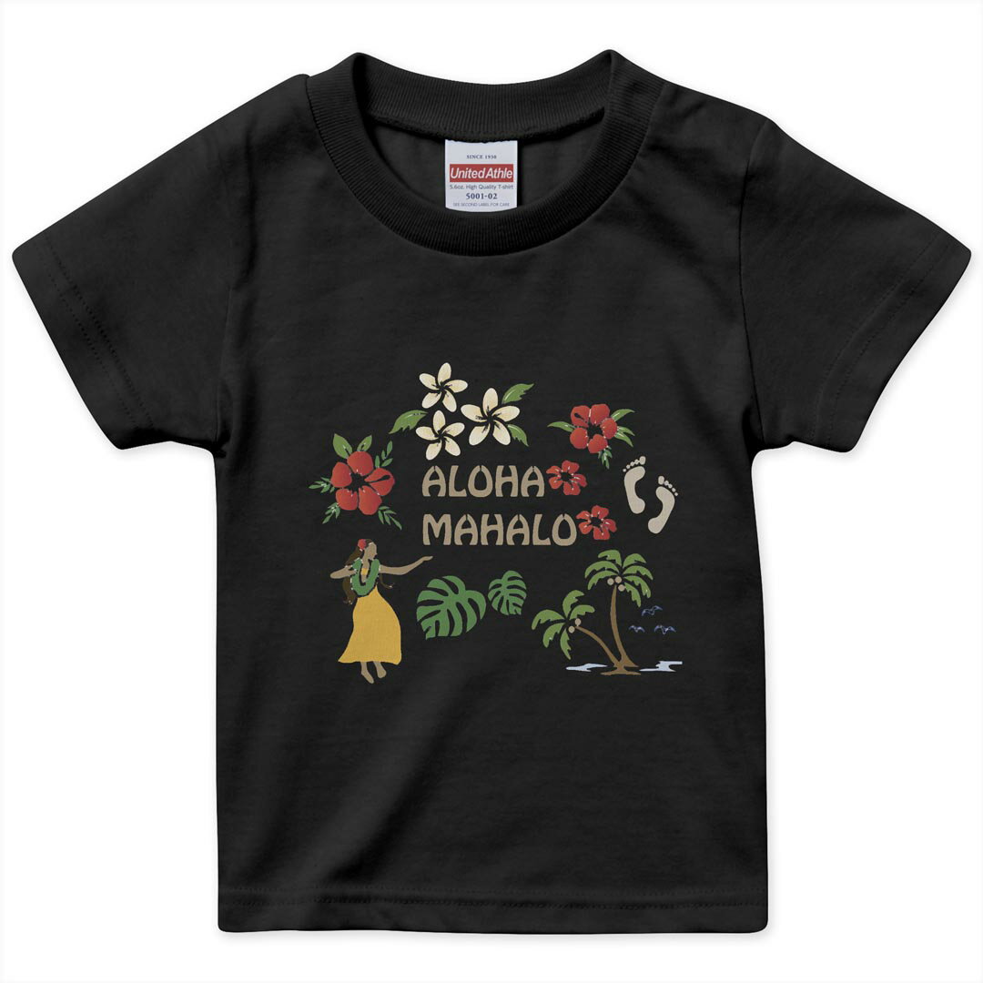 乐天商城 - tシャツ キッズ 半袖 黒地 ブラック デザイン 90 100 110 120 130 140 150 160 Tシャツ ティーシャツ T shirt 013946 アロハ　ハイビスカス　リーフ