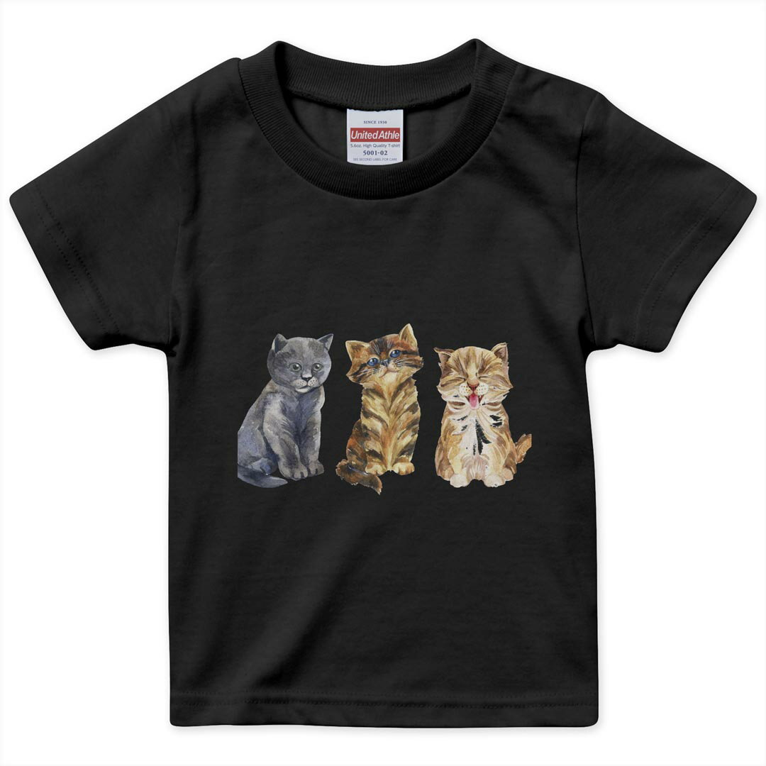tシャツ キッズ 半袖 黒地 ブラック デザイン 90 100 110 120 130 140 150 Tシャツ ティーシャツ T shirt 014023 猫　動物　アニマル
