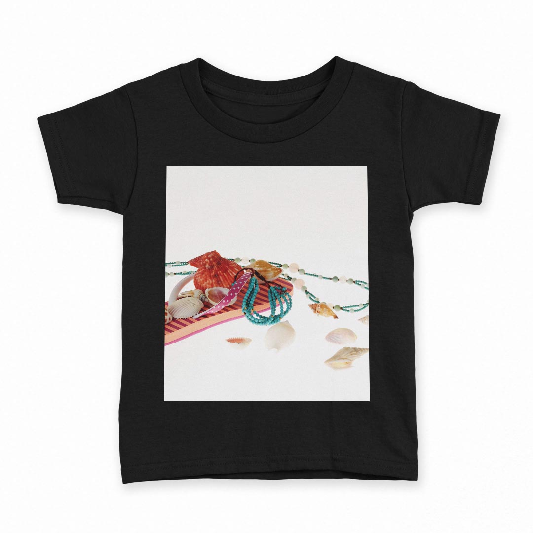 tシャツ キッズ 半袖 黒地 ブラック デザイン 90 100 110 120 130 140 150 160 Tシャツ ティーシャツ T shirt 014280 夏　貝殻　サンダル
