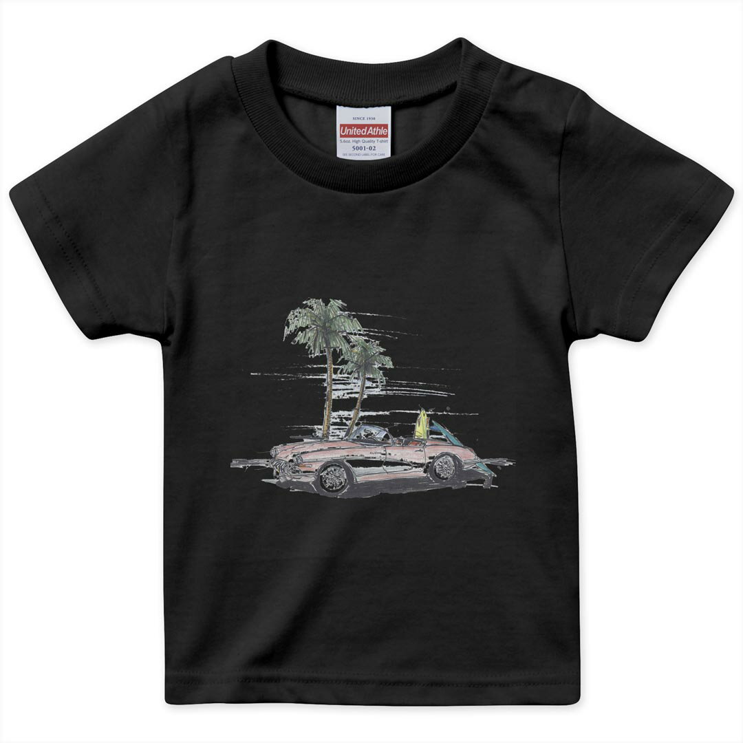 tシャツ キッズ 半袖 黒地 ブラック デザイン 90 100 110 120 130 140 150 Tシャツ ティーシャツ T shirt 014340 ヤシの木　車　サーフィン