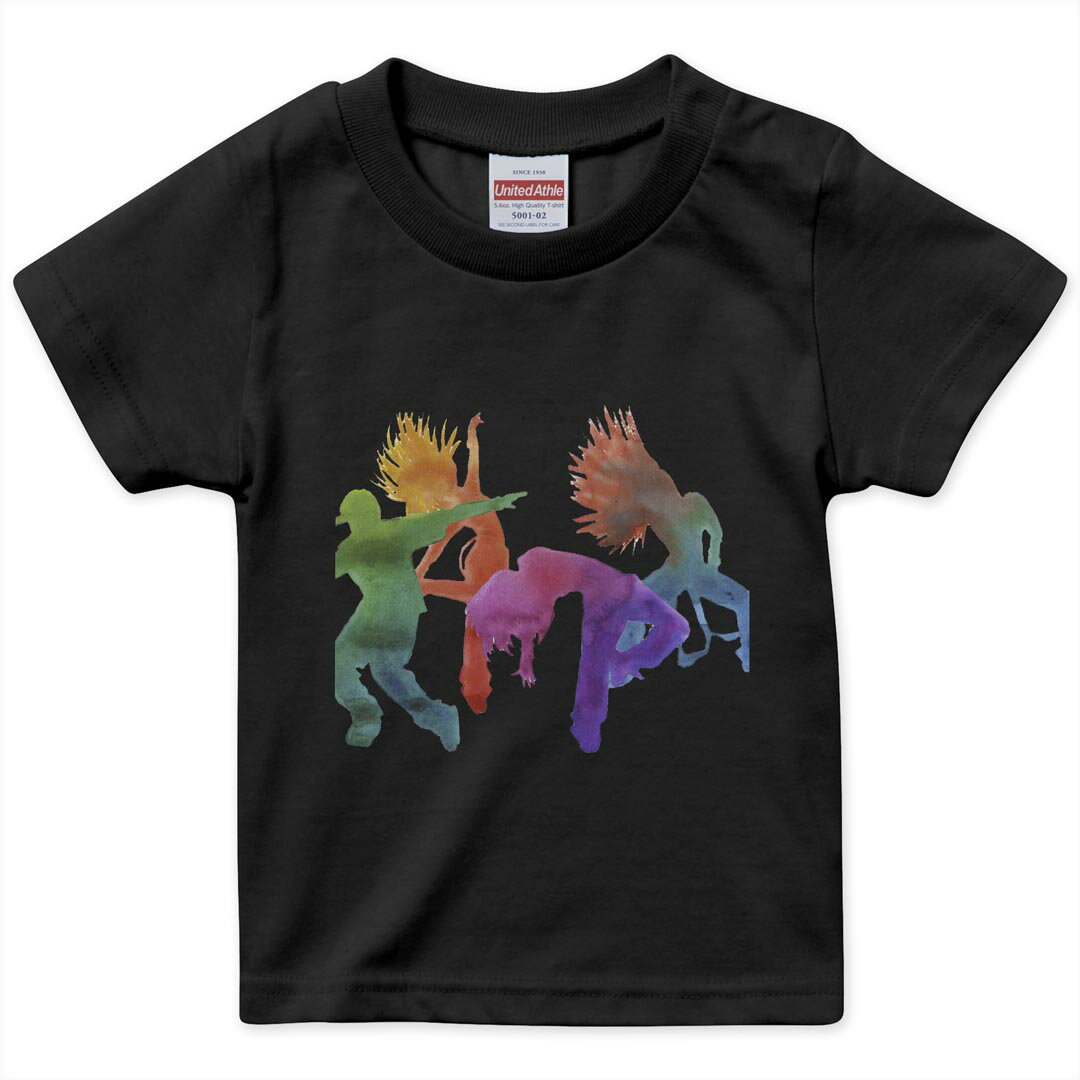tシャツ キッズ 半袖 黒地 ブラック デザイン 90 100 110 120 130 140 150 160 Tシャツ ティーシャツ T shirt 014753 ダンス　レインボー　シルエット