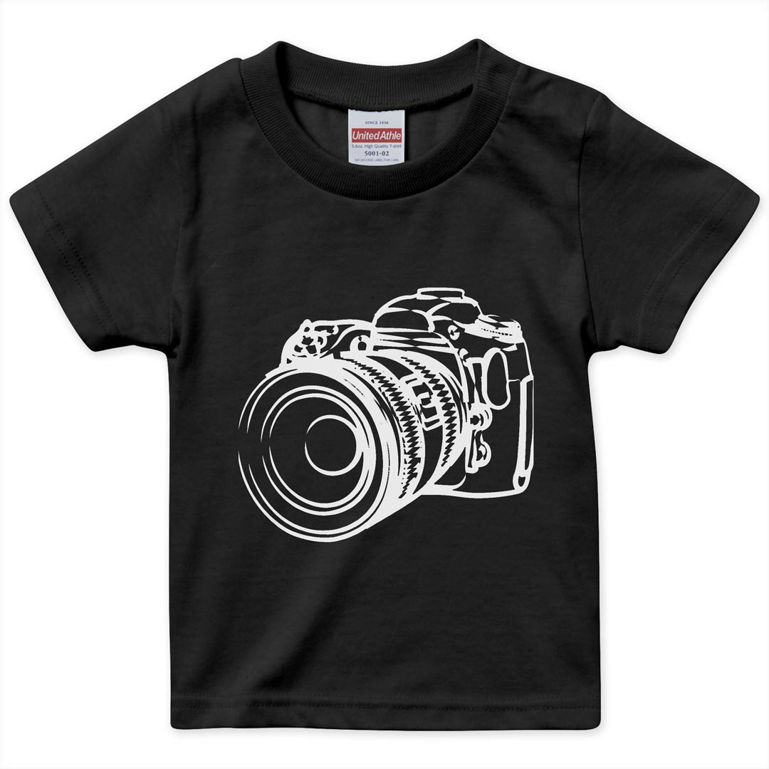 tシャツ キッズ 半袖 黒地 ブラック デザイン 90 100 110 120 130 140 150 160 Tシャツ ティーシャツ T shirt 014761 カメラ　白黒　一眼レフ