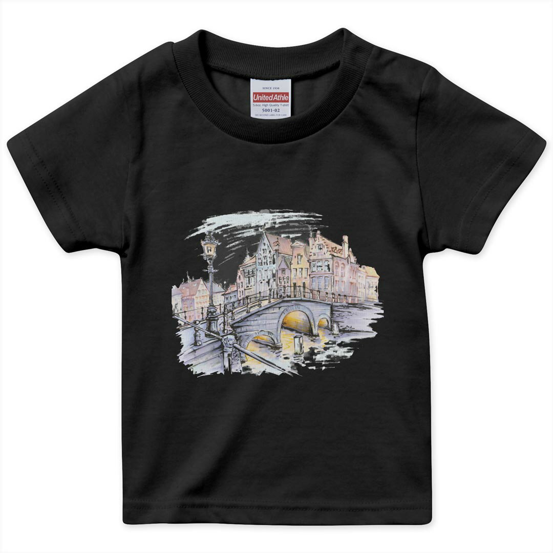 tシャツ キッズ 半袖 黒地 ブラック デザイン 90 100 110 120 130 140 150 160 Tシャツ ティーシャツ T shirt 014927 手描き　街　おしゃれ