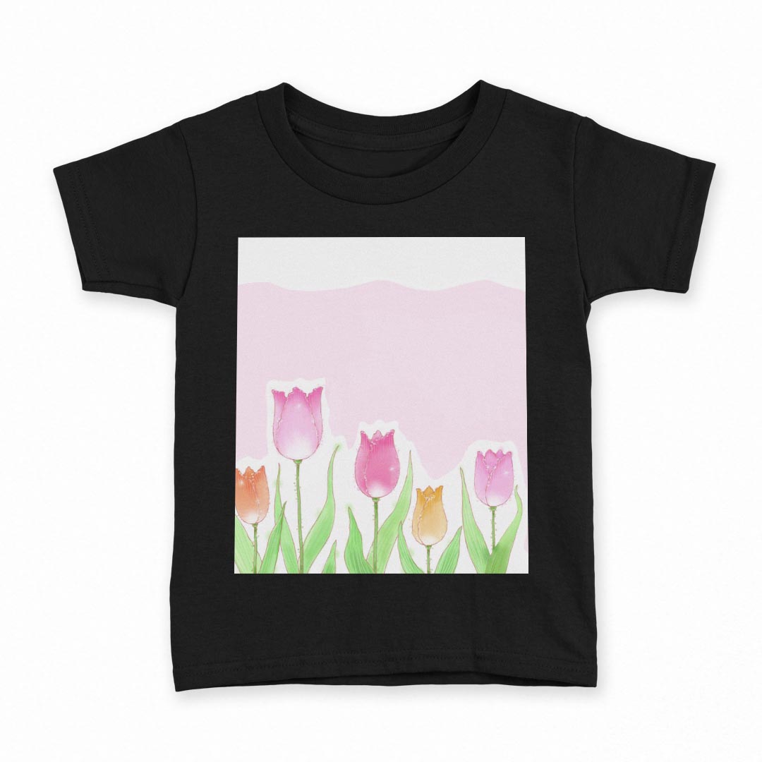 tシャツ キッズ 半袖 黒地 ブラック デザイン 90 100 110 120 130 140 150 160 Tシャツ ティーシャツ T shirt 014938 花 チューリップ 春