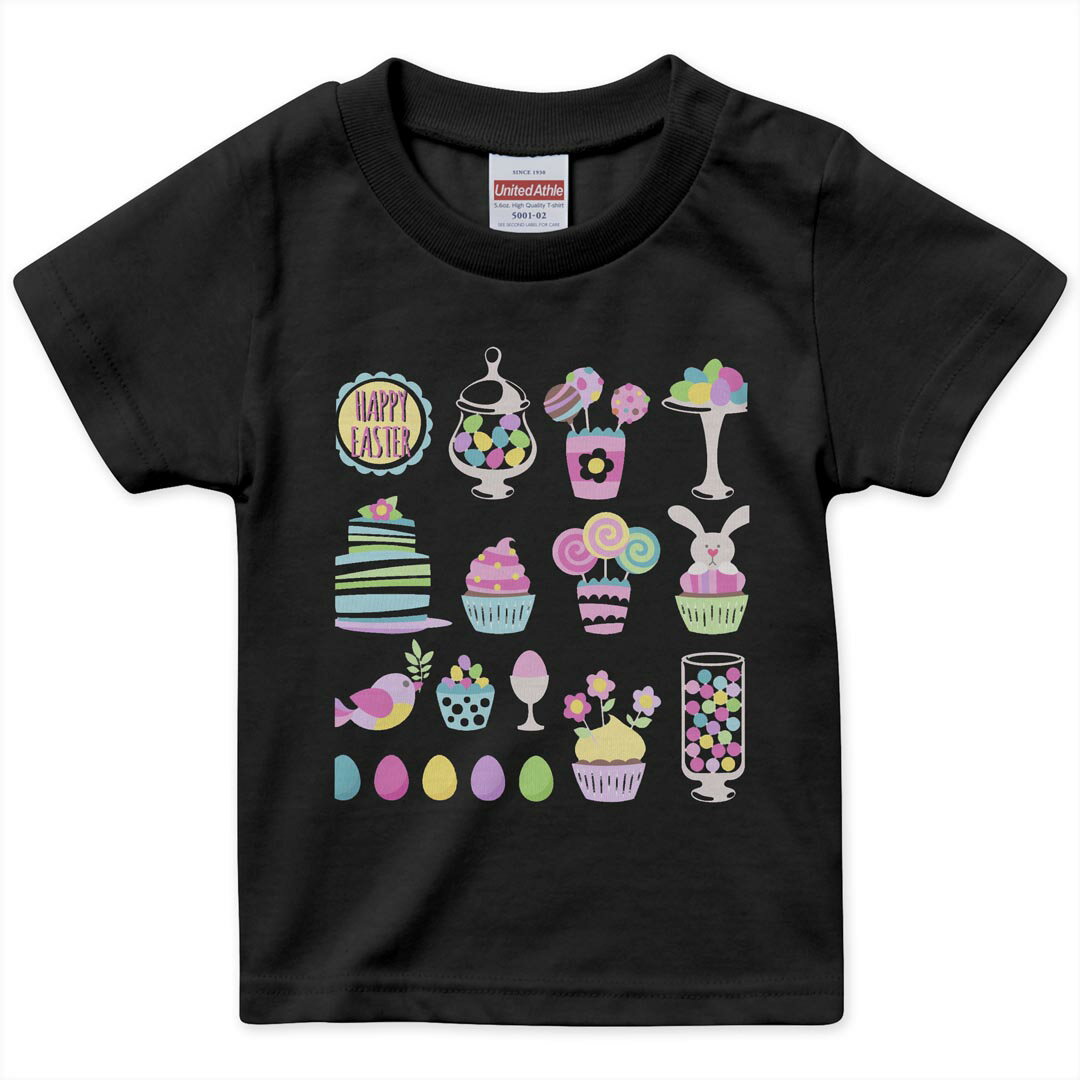 乐天商城 - tシャツ キッズ 半袖 黒地 ブラック デザイン 90 100 110 120 130 140 150 160 Tシャツ ティーシャツ T shirt 015305 イースター　たまご　うさぎ　ケーキ　パステル