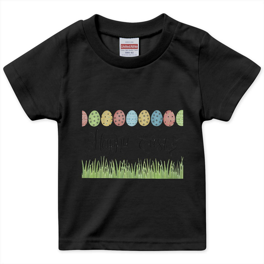 T-Shirts （Short Sleeve） - tシャツ キッズ 半袖 黒地 ブラック デザイン 90 100 110 120 130 140 150 160 Tシャツ ティーシャツ T shirt 015395 イースター　たまご　とり　うさぎ　パステル　英字