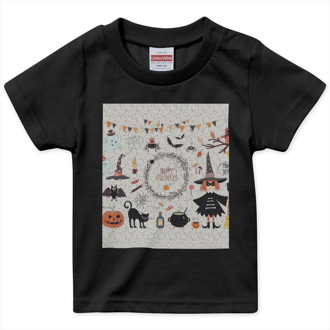 楽天kabeコレtシャツ キッズ 半袖 黒地 ブラック デザイン 90 100 110 120 130 140 150 160 Tシャツ ティーシャツ T shirt 015415 ハロウィン　カボチャ　お菓子　英字　おばけ