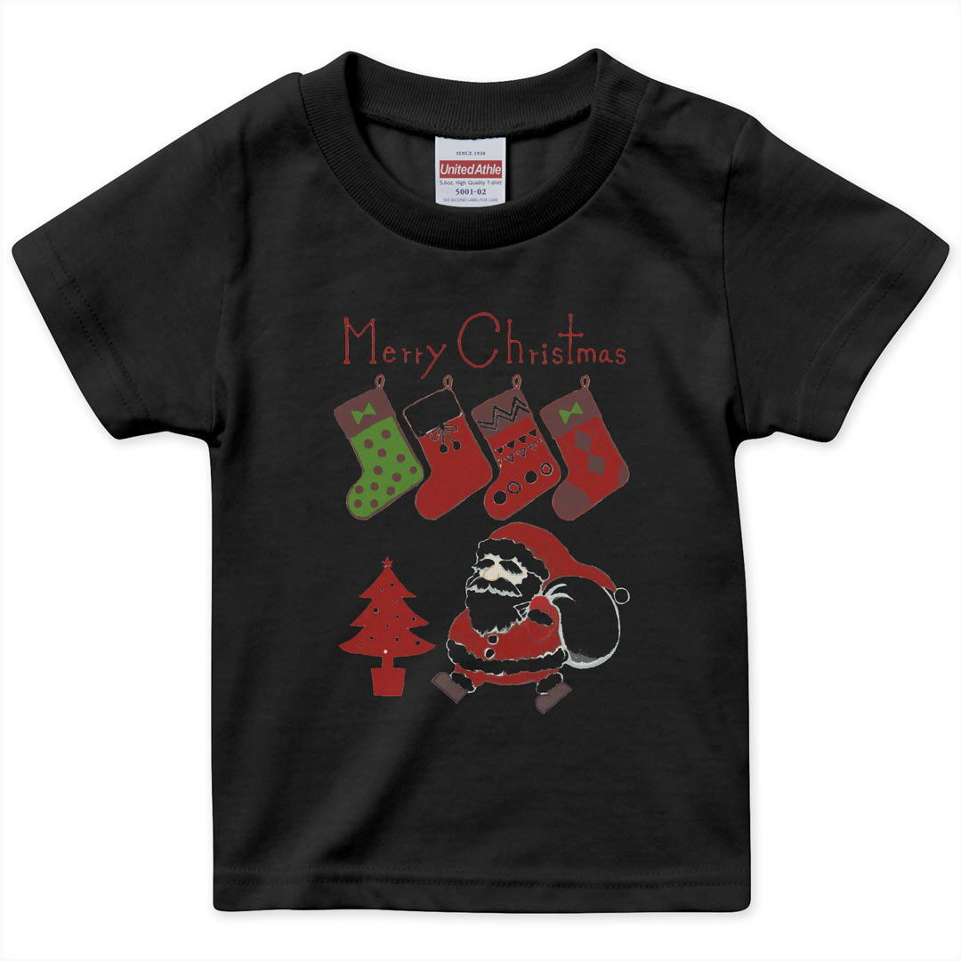 tシャツ キッズ 半袖 黒地 ブラック デザイン 90 100 110 120 130 140 150 160 Tシャツ ティーシャツ T shirt 015788 クリスマス サンタ かわいい