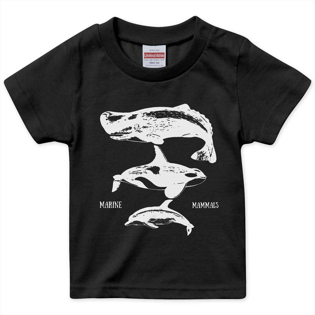 tシャツ キッズ 半袖 黒地 ブラック デザイン 90 100 110 120 130 140 150 160 Tシャツ ティーシャツ T shirt 015819 魚　くじら　シャチ