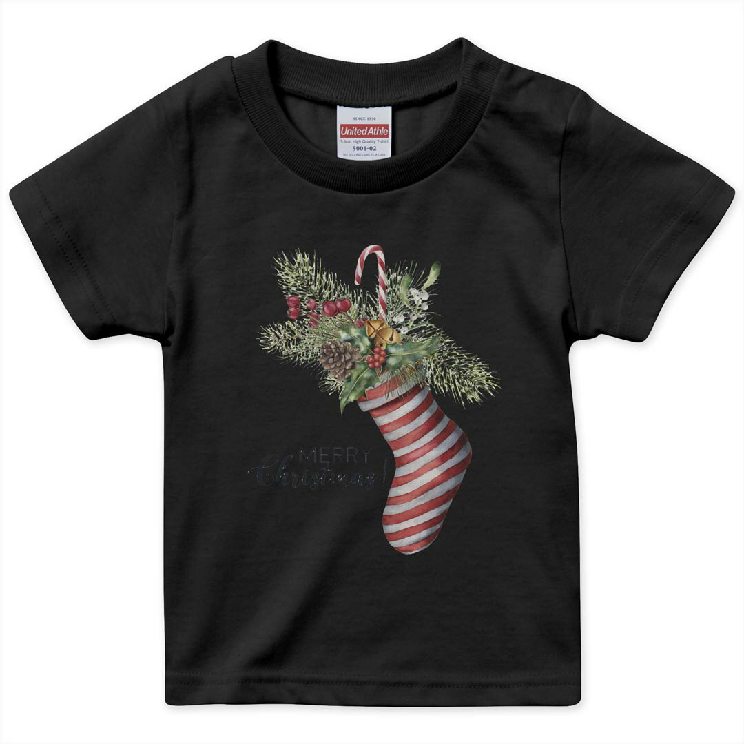 tシャツ キッズ 半袖 黒地 ブラック デザイン 90 100 110 120 130 140 150 160 Tシャツ ティーシャツ T shirt 015876 クリスマス　靴下　飾り