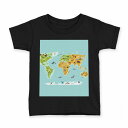 tシャツ キッズ 半袖 黒地 ブラック デザイン 90 100 110 120 130 140 150 160 Tシャツ ティーシャツ T shirt 015957 世界地図 wordmap 動物(4)