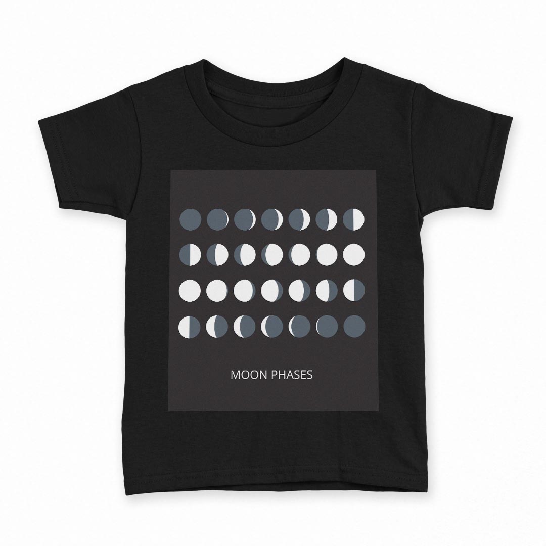 tシャツ キッズ 半袖 黒地 ブラック デザイン 90 100 110 120 130 140 150 160 Tシャツ ティーシャツ T shirt 016028 月の満ち欠け　宇宙　月(4.0)