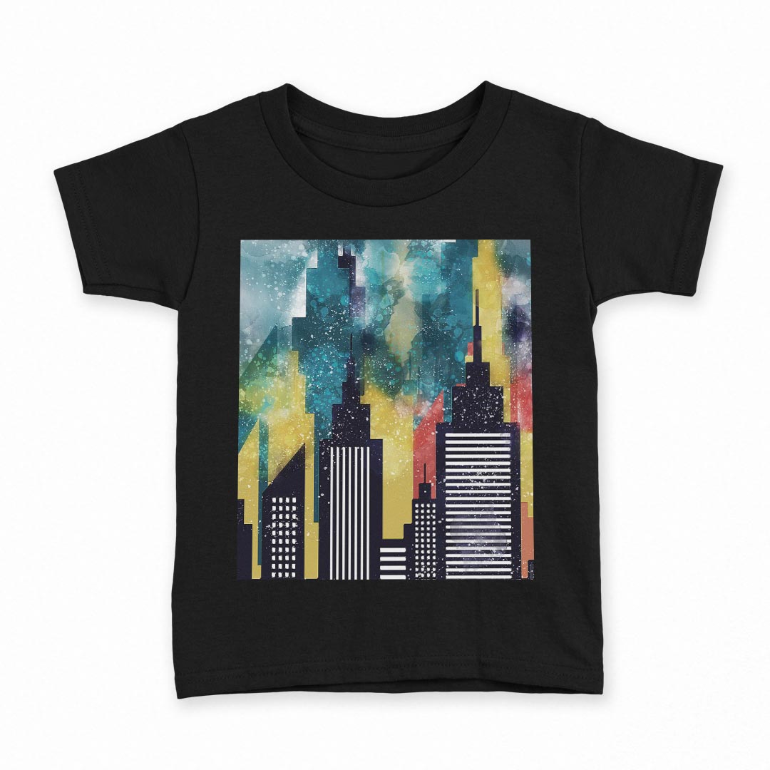 tシャツ キッズ 半袖 黒地 ブラック デザイン 90 100 110 120 130 140 150 160 Tシャツ ティーシャツ T shirt 016304 街並み　ビル