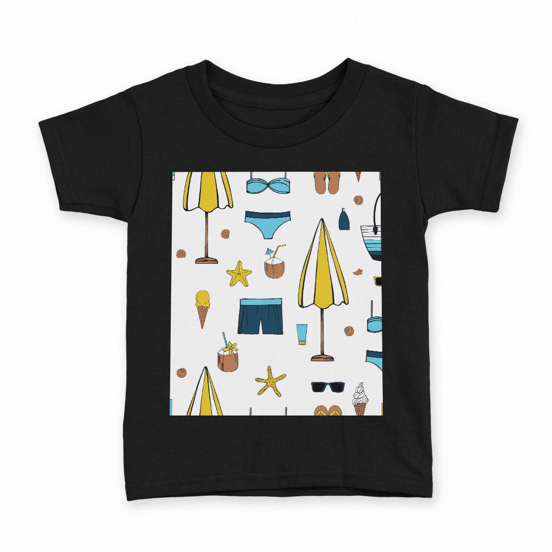 tシャツ キッズ 半袖 黒地 ブラック デザイン 90 100 110 120 130 140 150 160 Tシャツ ティーシャツ T shirt 016411 夏　パラソル　ヒトデ