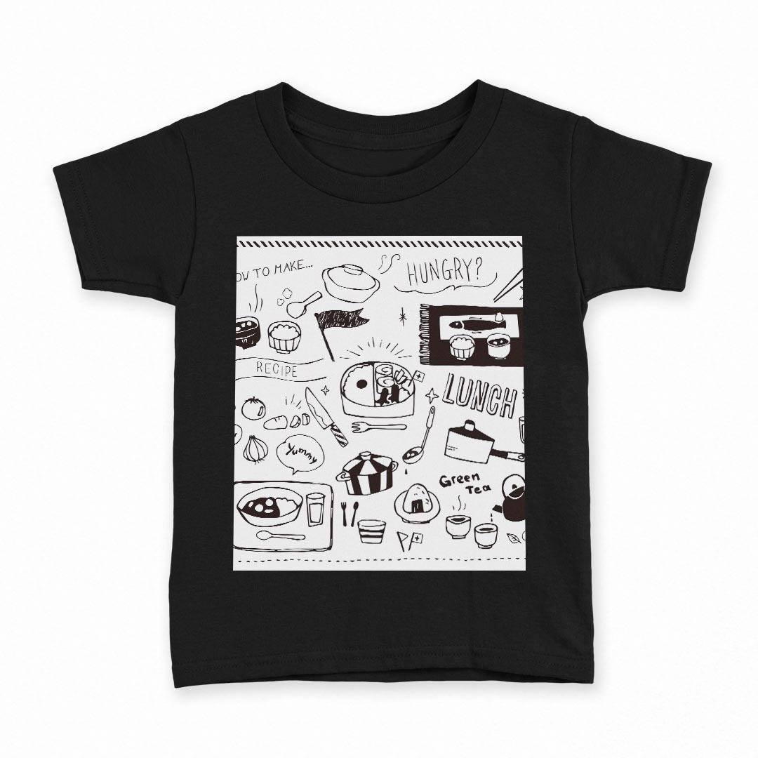 T恤（長袖） - tシャツ キッズ 半袖 黒地 ブラック デザイン 90 100 110 120 130 140 150 160 Tシャツ ティーシャツ T shirt 016500 お弁当　モノクロ　手書き　食べ物　ご飯