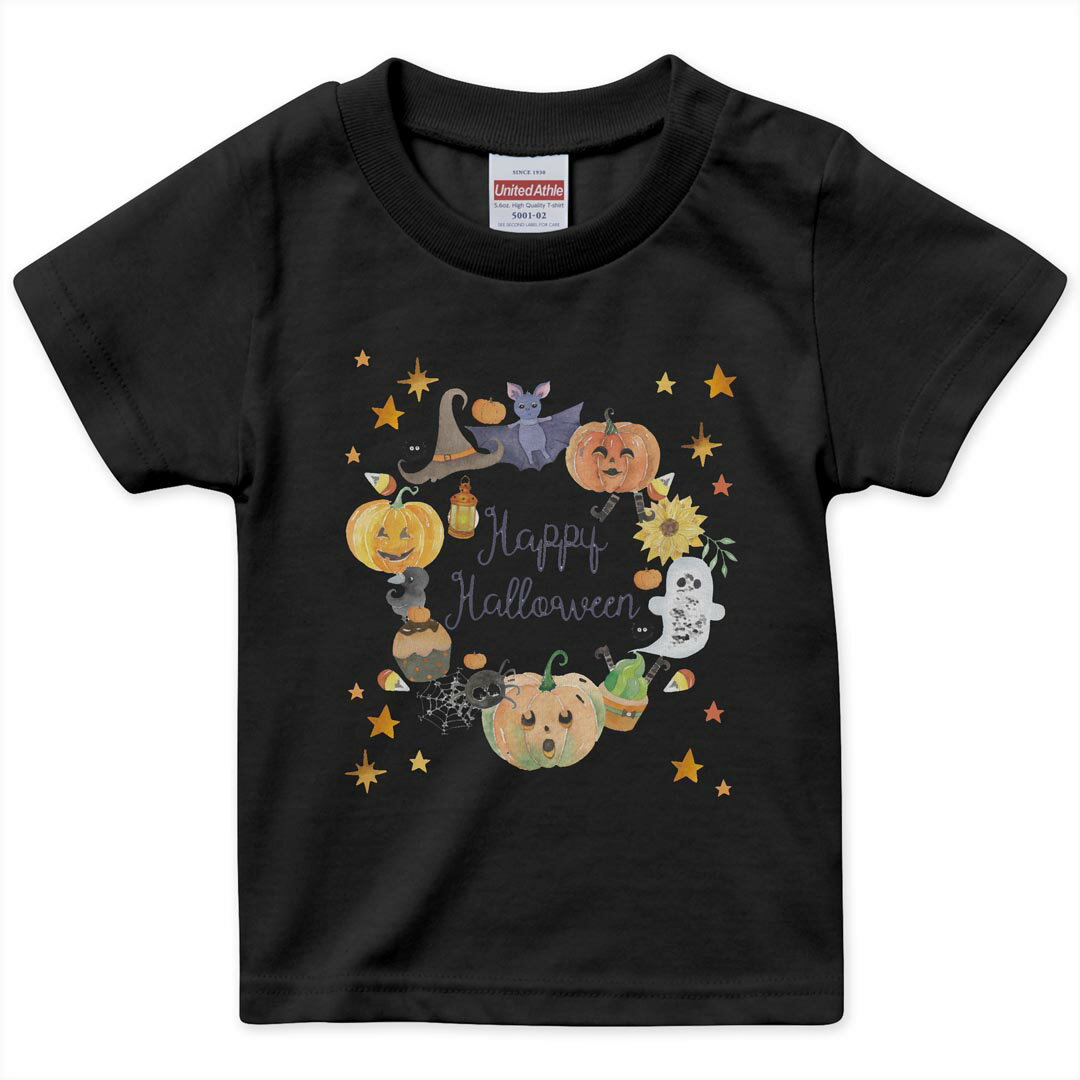 tシャツ キッズ 半袖 黒地 ブラック デザイン 90 100 110 120 130 140 150 160 Tシャツ ティーシャツ T shirt 017453 ハロウィン かわいい 手書き風 かぼちゃ こうもり