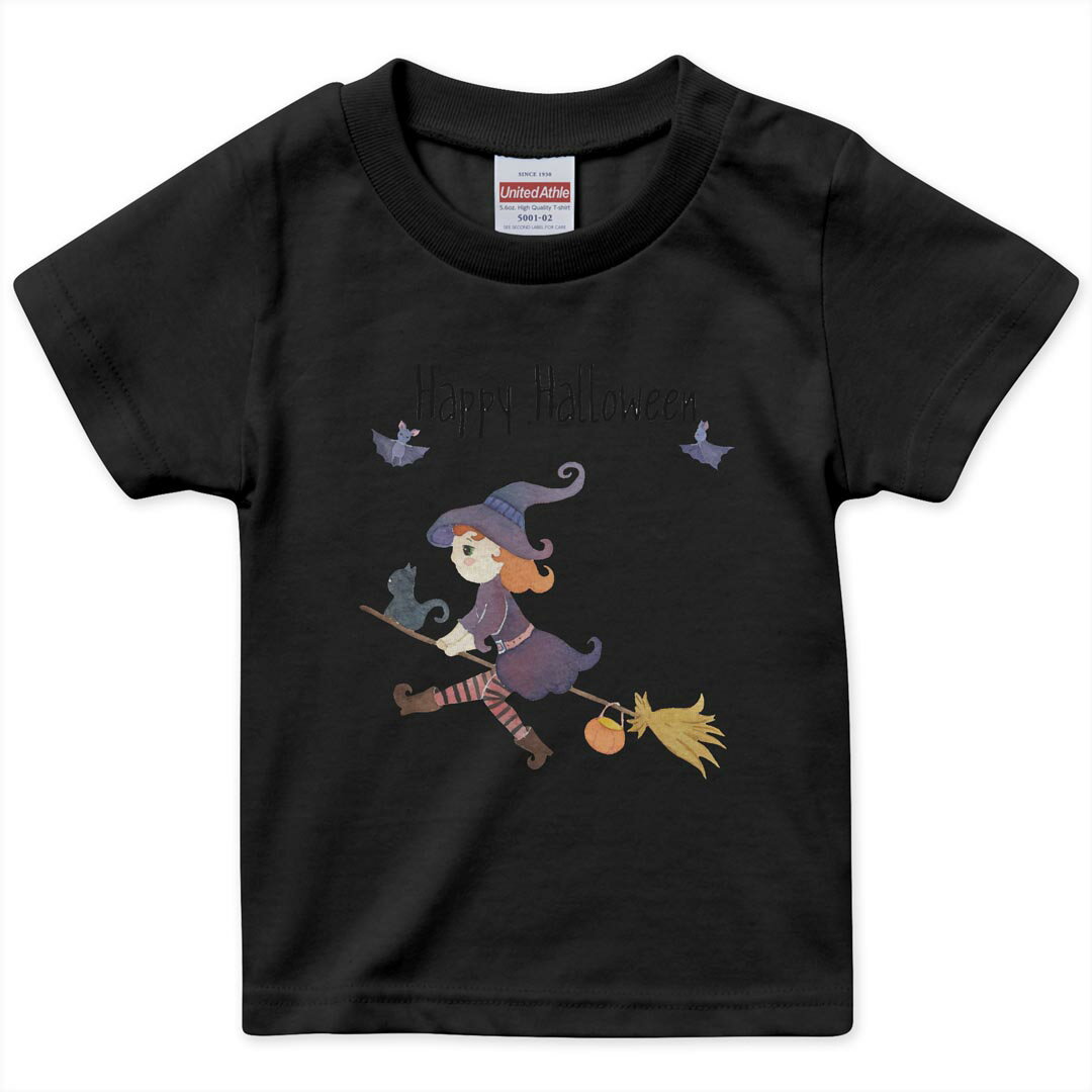 tシャツ キッズ 半袖 黒地 ブラック デザイン 90 100 110 120 130 140 150 Tシャツ ティーシャツ T shirt 017465 ハロウィン　かわいい 魔女　女の子　かわいい