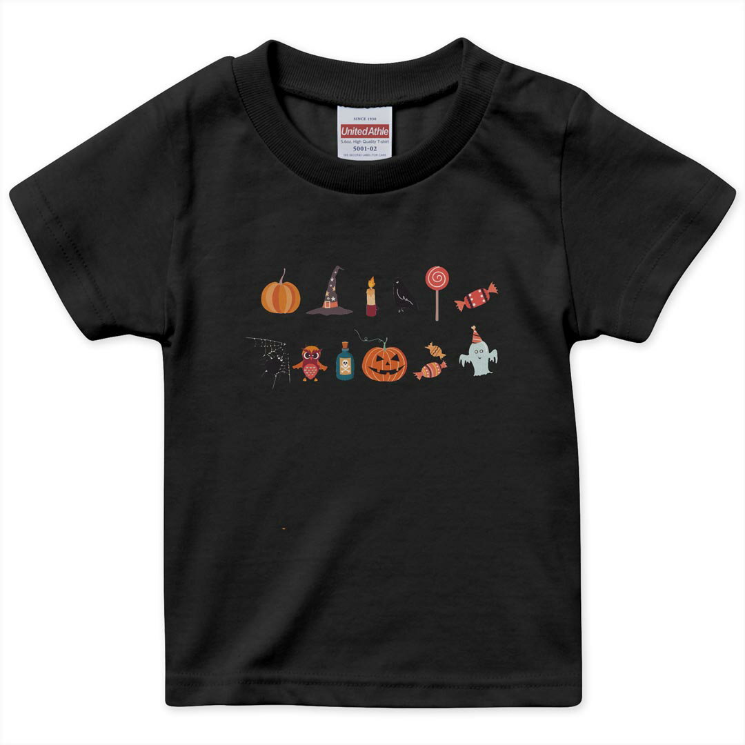 楽天kabeコレtシャツ キッズ 半袖 黒地 ブラック デザイン 90 100 110 120 130 140 150 160 Tシャツ ティーシャツ T shirt 017468 ハロウィン　かわいい かぼちゃ　おばけ　お菓子