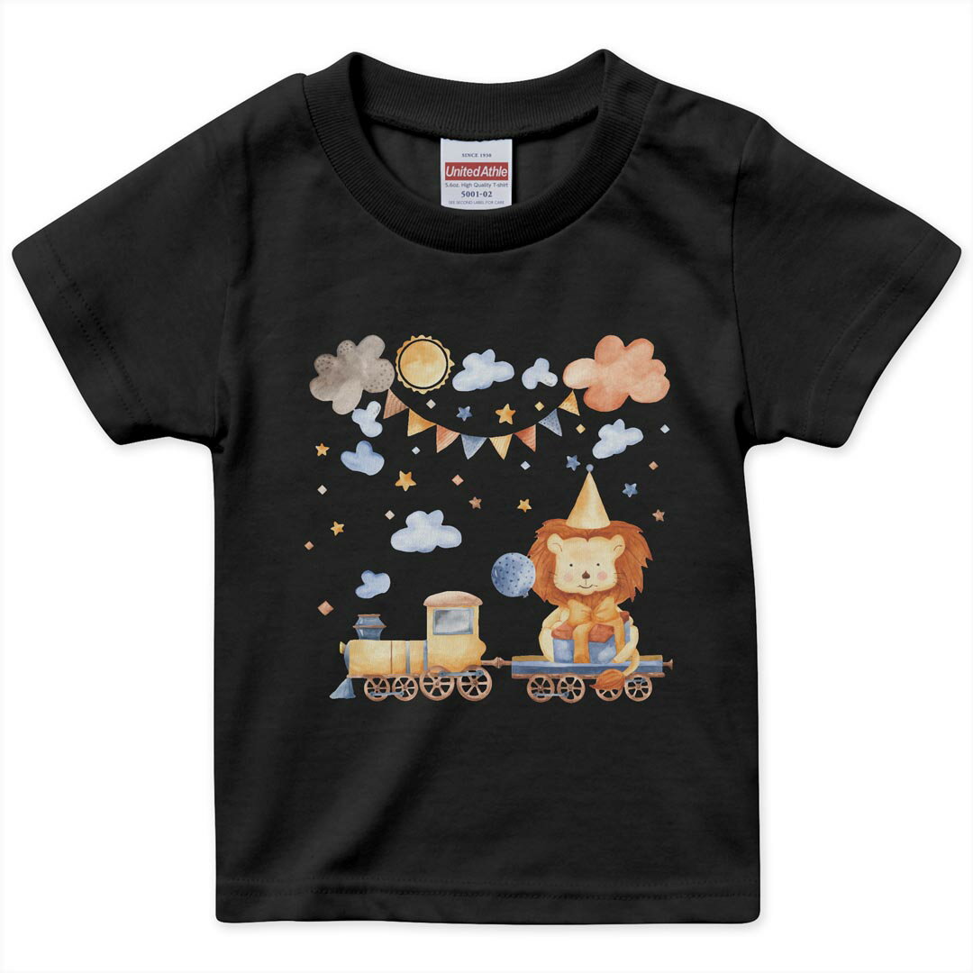 T-Shirts （Short Sleeve） - tシャツ キッズ 半袖 黒地 ブラック デザイン 90 100 110 120 130 140 150 160 Tシャツ ティーシャツ T shirt 017517 アニマル 電車　ライオン　空　かわいい