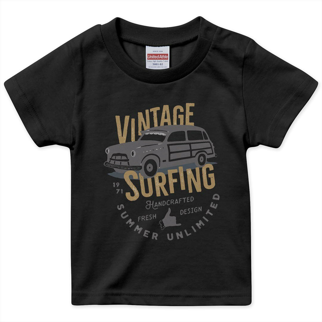 tシャツ キッズ 半袖 黒地 ブラック デザイン 90 100 110 120 130 140 150 Tシャツ ティーシャツ T shirt 017528 乗り物 車　ヴィンテージ　レトロ