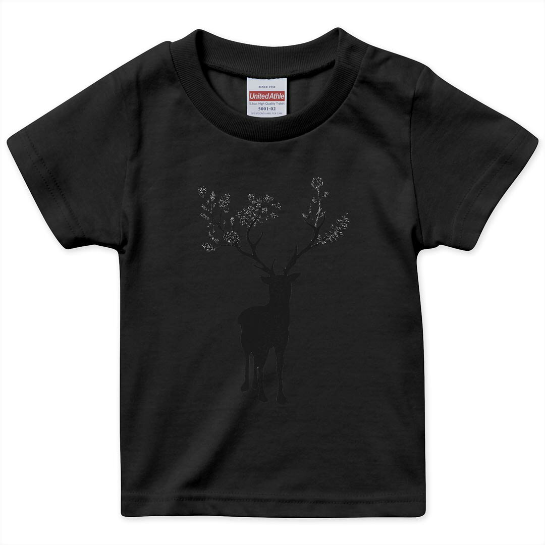 tシャツ キッズ 半袖 黒地 ブラック デザイン 90 100 110 120 130 140 150 Tシャツ ティーシャツ T shirt 017816 クリスマス トナカイ　木　シルエット　黒