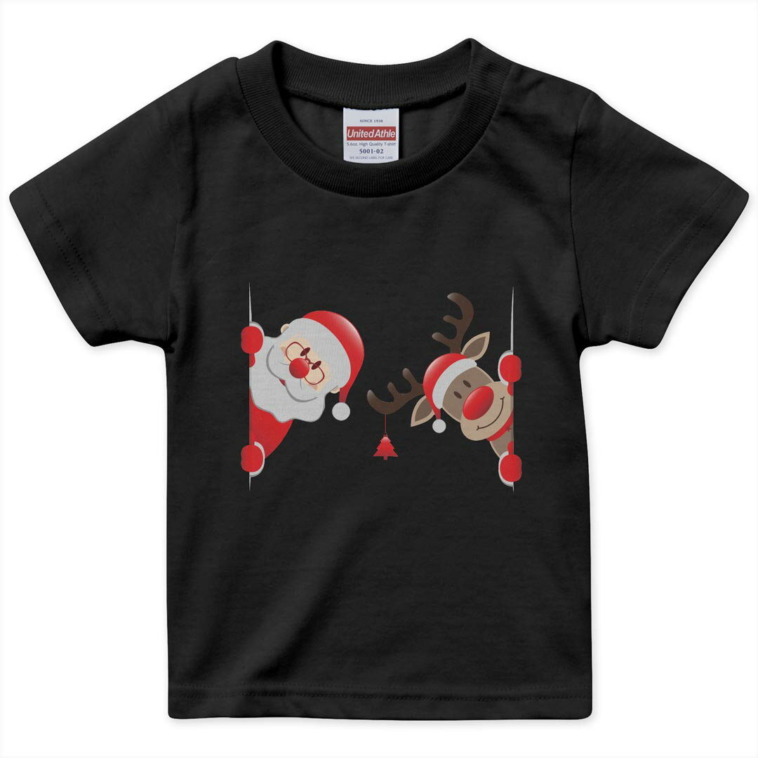 tシャツ キッズ 半袖 黒地 ブラック デザイン 90 100 110 120 130 140 150 160 Tシャツ ティーシャツ T shirt 017828 クリスマス サンタ トナカイ クリスマス