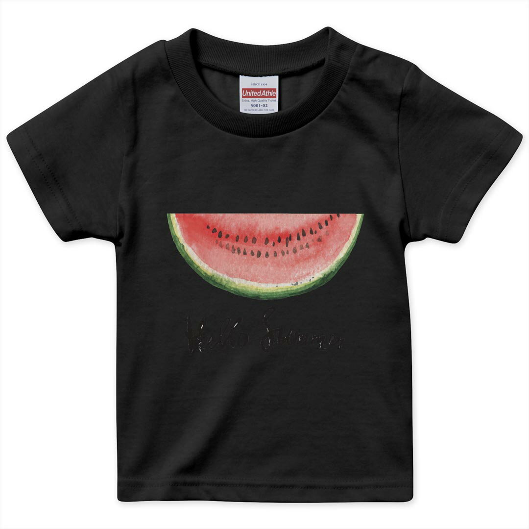 tシャツ キッズ 半袖 黒地 ブラック デザイン 90 100 110 120 130 140 150 160 Tシャツ ティーシャツ T shirt 017843 夏 スイカ　夏　summer