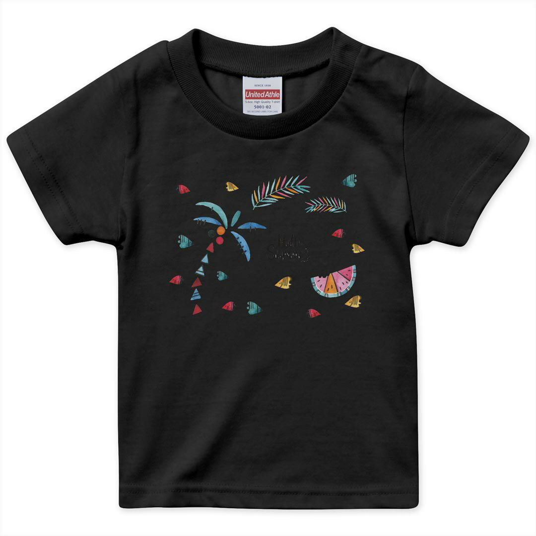 tシャツ キッズ 半袖 黒地 ブラック デザイン 90 100 110 120 130 140 150 160 Tシャツ ティーシャツ T shirt 017844 夏 ヤシの木　スイカ　summer