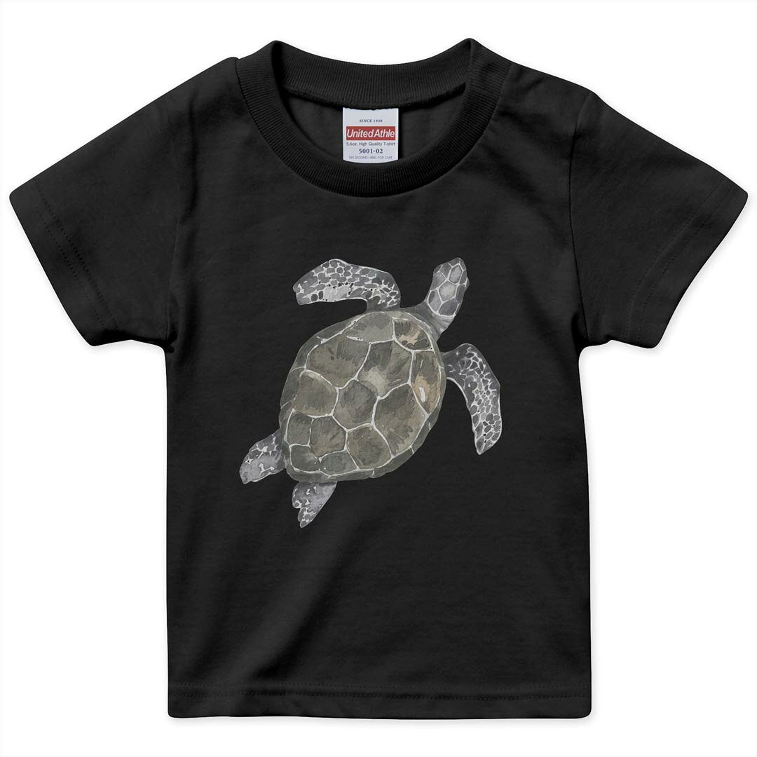キッズ 半袖 黒地 ブラック デザインTシャツ 黒T 90 100 110 120 130 140 150 ティーシャツ T shirt 019004 カメ 亀