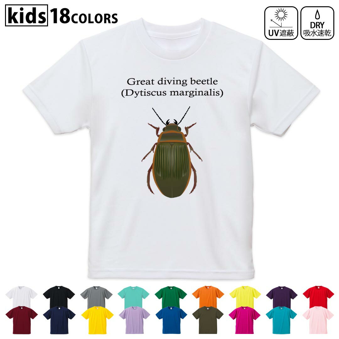 Rakuten - ドライTシャツ 吸水 速乾 DRY 選べる18カラー 4サイズ キッズ 半袖 デザインドライTシャツ スポーツ ゆったり デザイン 120サイズ 130サイズ 140サイズ 150サイズ 160サイズ 020026 虫 great diving beetle エゾゲンゴロウ