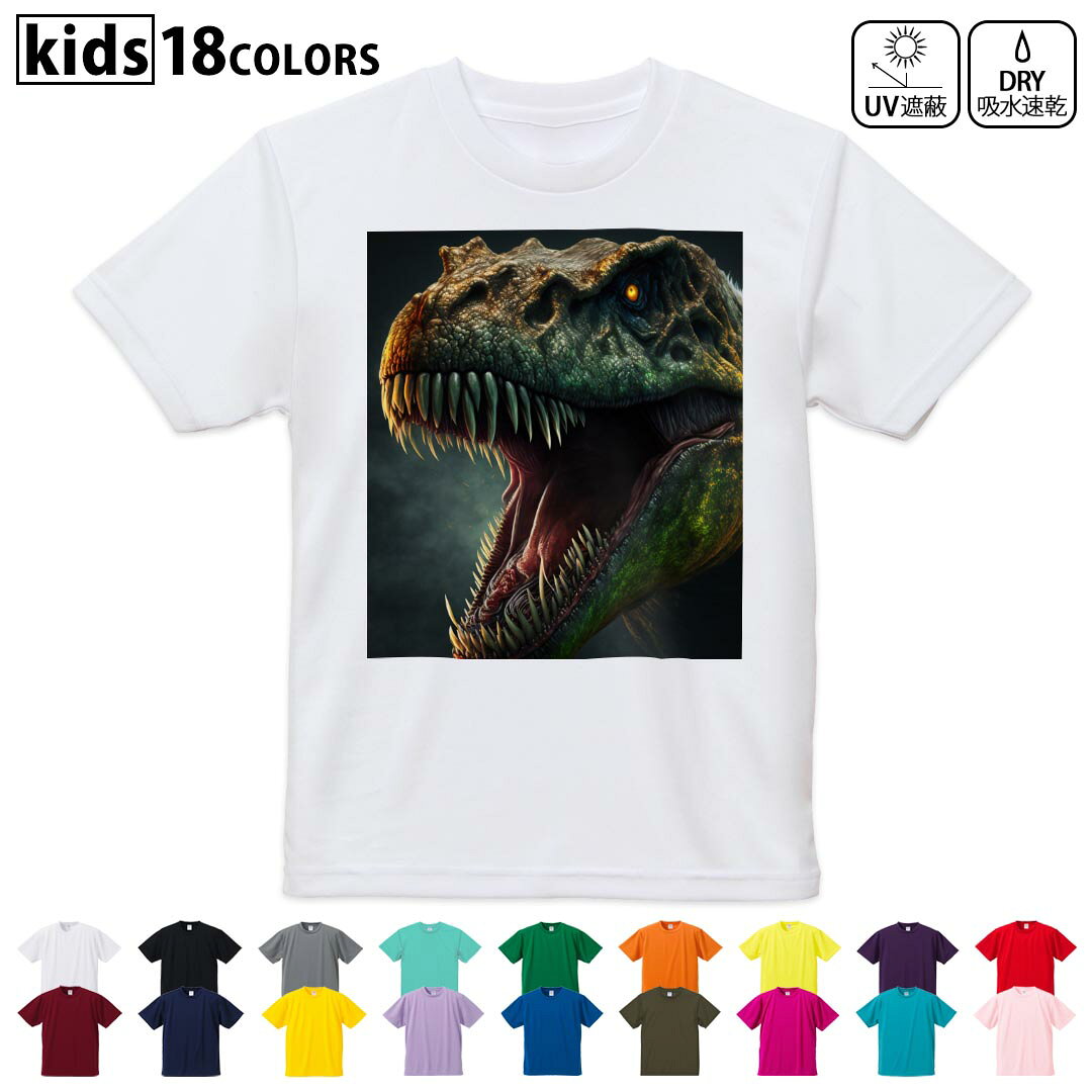 ドライTシャツ 吸水 速乾 DRY 選べる18カラー 4サイズ キッズ 半袖 デザインドライTシャツ スポーツ ゆったり デザイン 120サイズ 130サイズ 140サイズ 150サイズ 160サイズ 032377 ティラノ dinosaurs