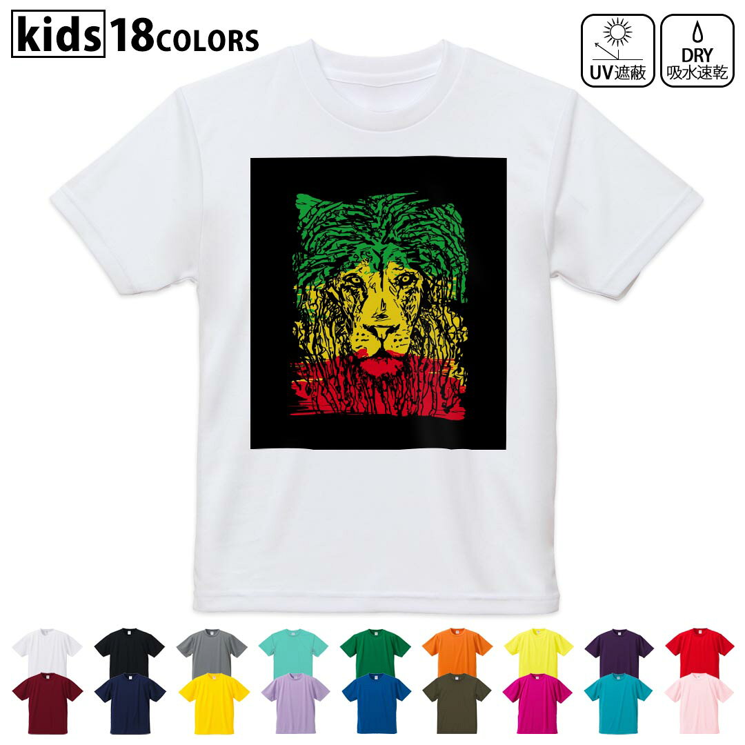 ドライTシャツ 吸水 速乾 DRY 選べる18カラー 4サイズ キッズ 半袖 デザインドライTシャツ スポーツ ゆったり デザイン 120サイズ 130サイズ 140サイズ 150サイズ 160サイズ 011947 レゲエ　ライオン　ラスタカラー