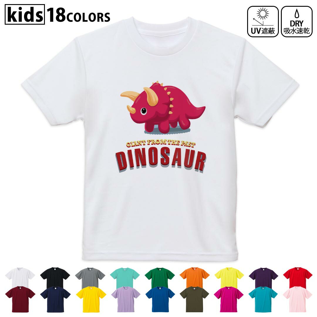 Rakuten - ドライTシャツ 吸水 速乾 DRY 選べる18カラー 4サイズ キッズ 半袖 デザインドライTシャツ スポーツ ゆったり デザイン 120サイズ 130サイズ 140サイズ 150サイズ 160サイズ 017545 ダイナソー　恐竜　Dinosaur