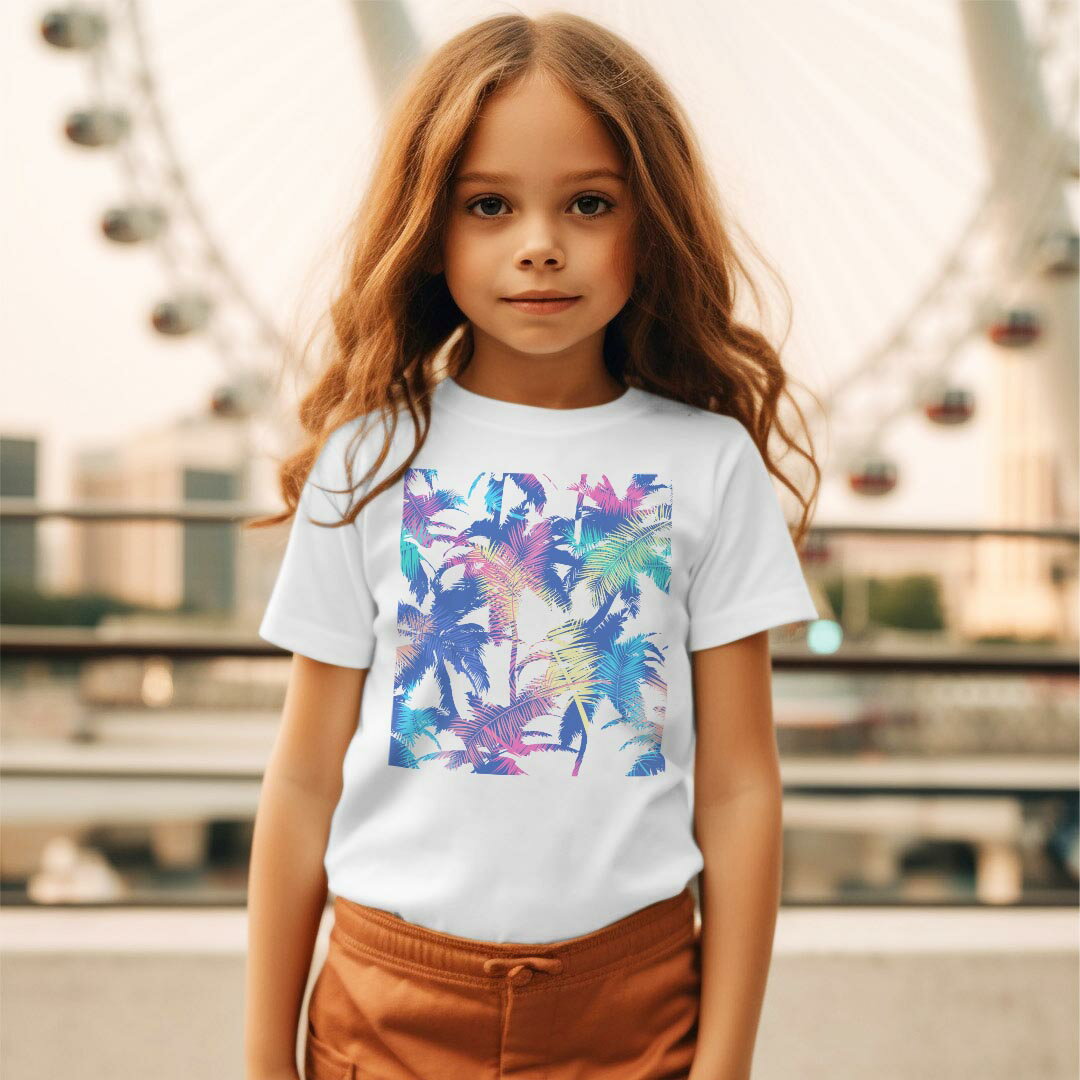 キッズ ドライTシャツ ホワイト 半袖 4.1オンス トレーニング スポーツ ジム 運動会 ドライアスレチック UVカット 紫外線遮蔽 吸水速乾 120 130 140 150 160 014318 リーフ　トロピカル　ヤシの木