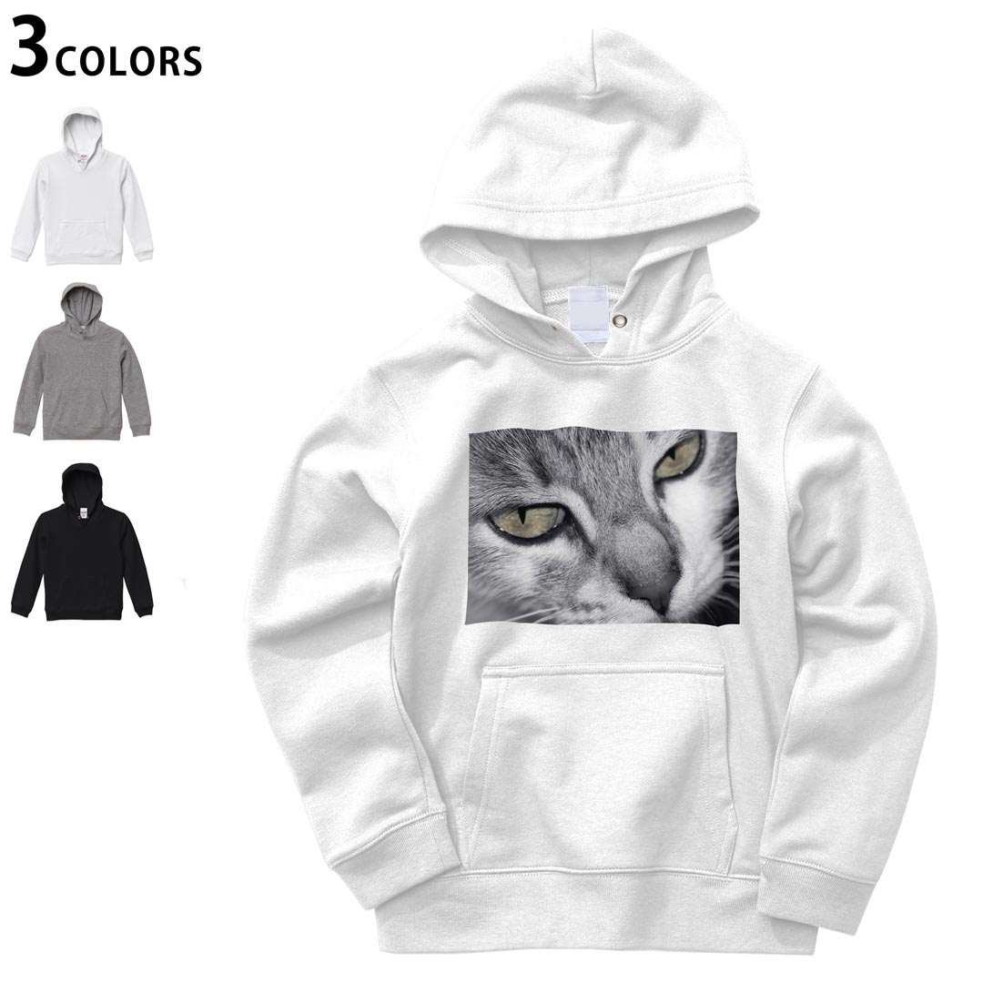 選べる3カラー パーカー スウェット キッズ 男女兼用 男の子 女の子 ユニセックス unisex 長袖 デザイン リブ 110 130 150 parker sweat 007896 写真　猫　ねこ　モノクロ