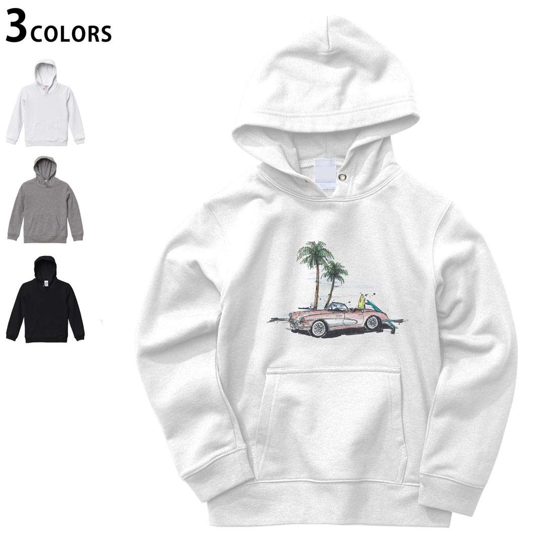 選べる3カラー パーカー スウェット キッズ 男女兼用 男の子 女の子 ユニセックス unisex 長袖 デザイン リブ 110 130 150 parker sweat 014340 ヤシの木　車　サーフィン