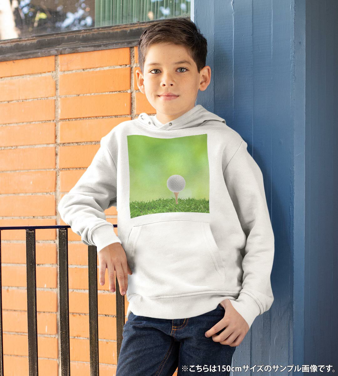 パーカー キッズ ホワイト グレー ブラック デザイン 110 130 150 parker hooded sweatshirt フーディ 白　黒　灰色 子供 男の子 女の子 000218 ゴルフ　ショット　芝生