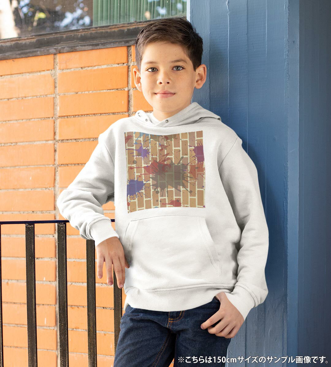 パーカー キッズ ホワイト グレー ブラック デザイン 110 130 150 parker hooded sweatshirt フーディ 白　黒　灰色 子供 男の子 女の子 000367 レンガ　ペイント