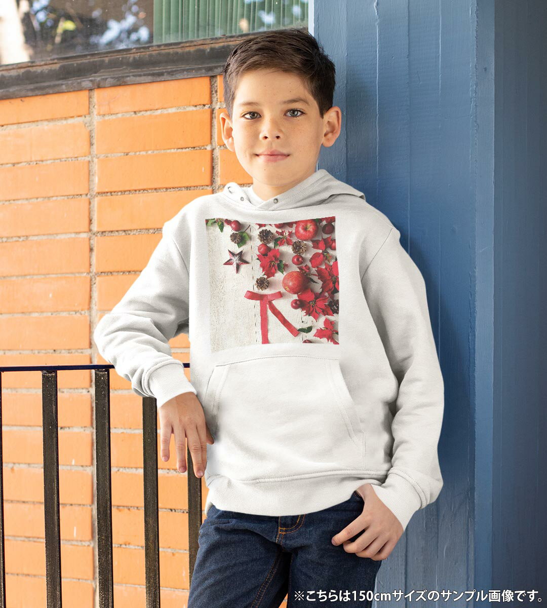 パーカー キッズ ホワイト グレー ブラック デザイン 110 130 150 parker hooded sweatshirt フーディ 白　黒　灰色 子供 男の子 女の子 005228 クリスマス　リボン　りんご