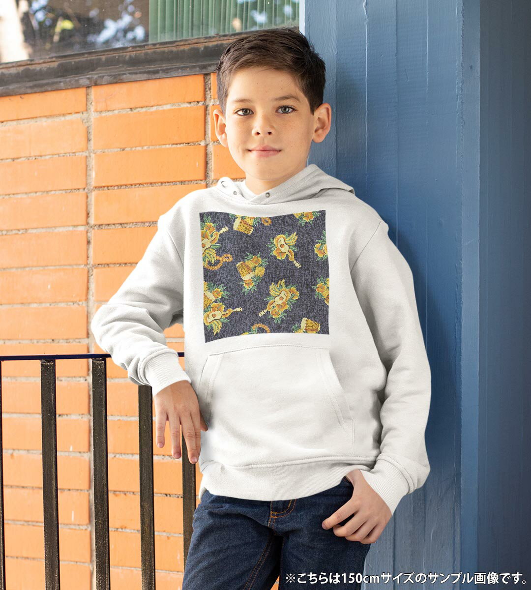 パーカー キッズ ホワイト グレー ブラック デザイン 110 130 150 parker hooded sweatshirt フーディ 白　黒　灰色 子供 男の子 女の子 010162 フラワー　ギター　音楽