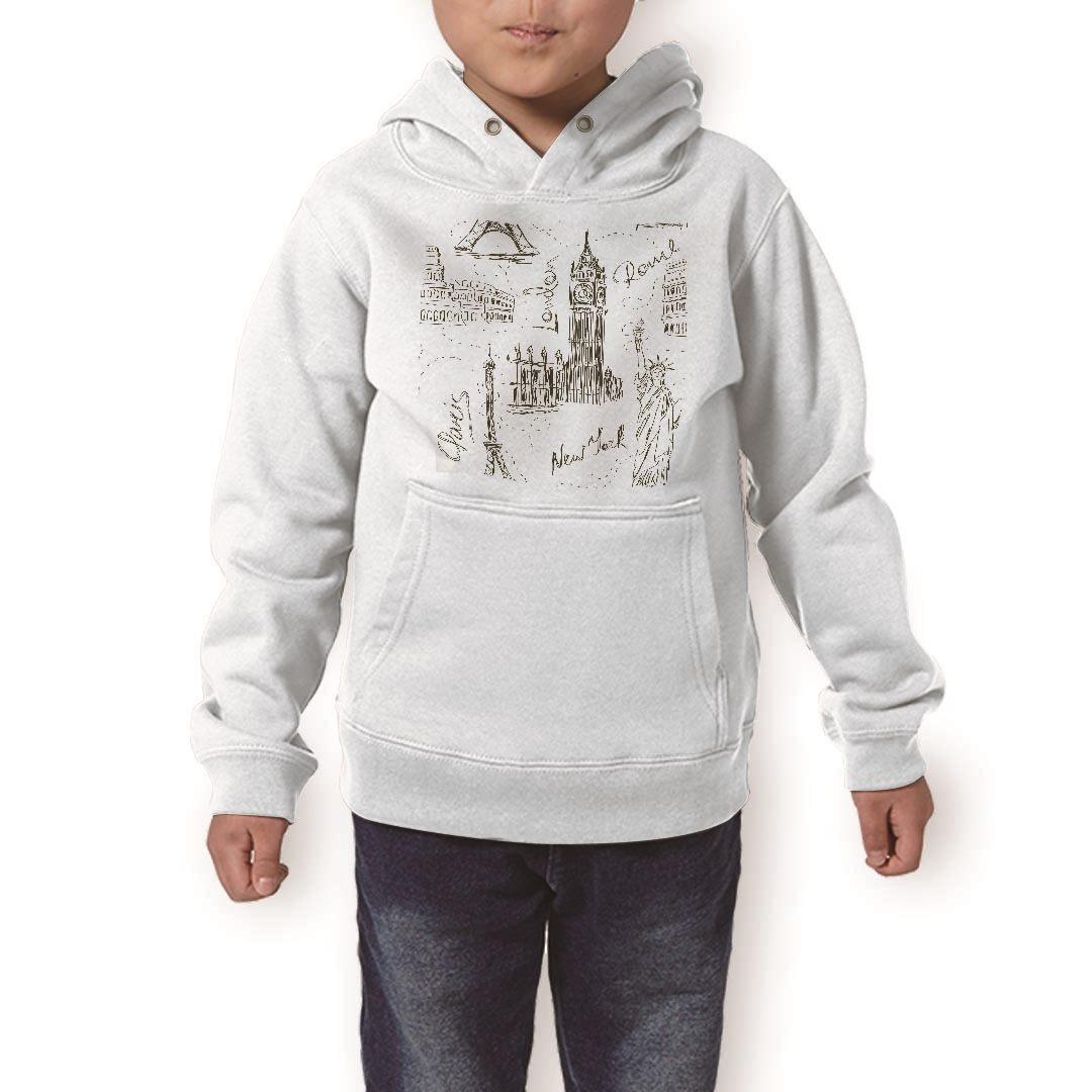 パーカー キッズ ホワイト グレー ブラック デザイン 110 130 150 parker hooded sweatshirt フーディ 白　黒　灰色 子供 男の子 女の子 009367 外国　風景　イラスト