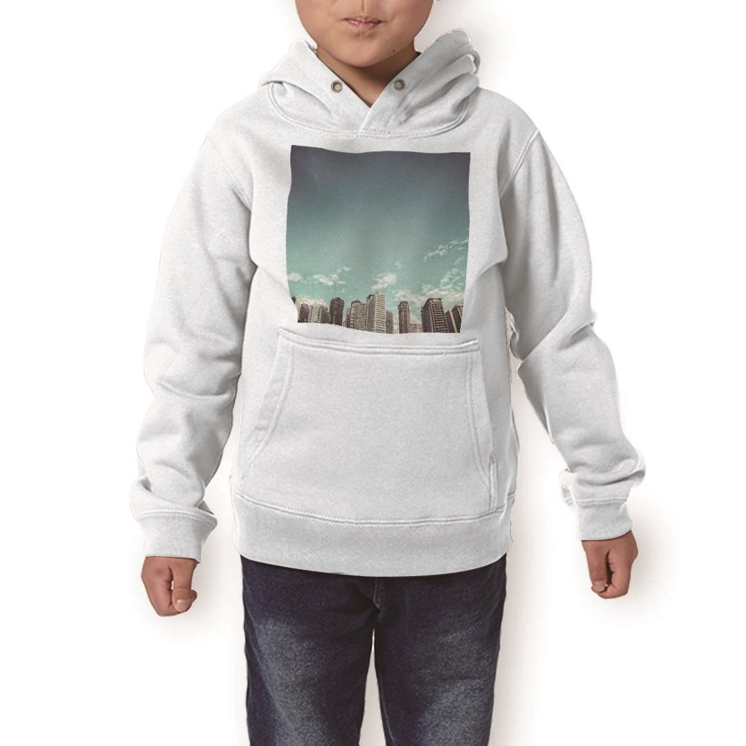 楽天kabeコレパーカー キッズ ホワイト グレー ブラック デザイン 110 130 150 parker hooded sweatshirt フーディ 白　黒　灰色 子供 男の子 女の子 011007 空　ビル　写真