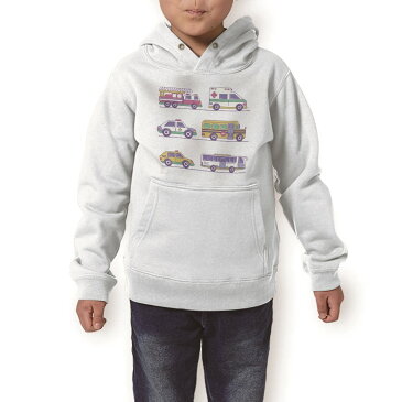 パーカー キッズ ホワイト グレー ブラック デザイン 110 130 150 parker hooded sweatshirt フーディ 白 黒 灰色 子供 男の子 女の子 013206 乗り物 救急車 パトカー