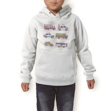 パーカー キッズ ホワイト グレー ブラック デザイン 110 130 150 parker hooded sweatshirt フーディ 白　黒　灰色 子供 男の子 女の子 013206 乗り物　救急車　パトカー