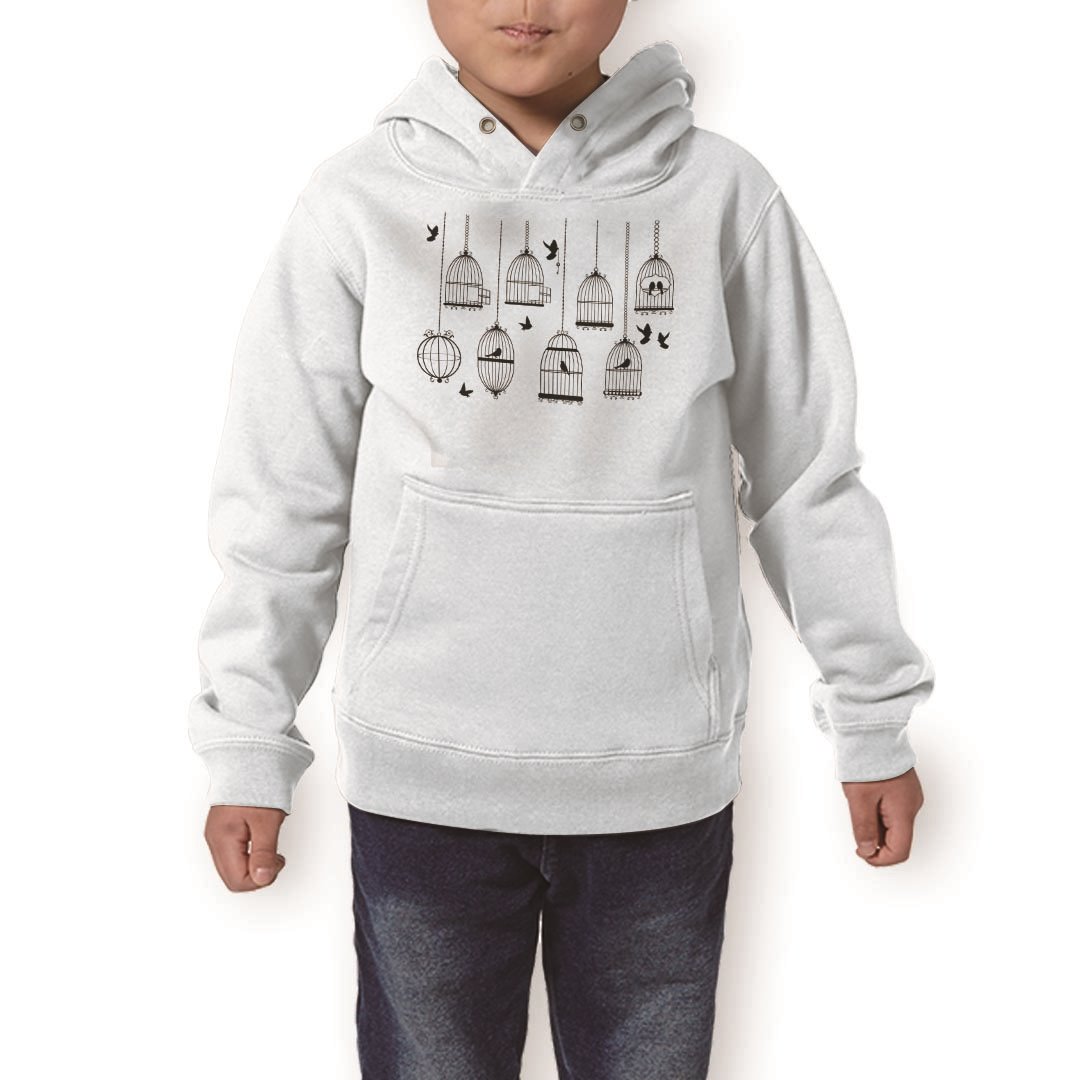パーカー キッズ ホワイト グレー ブラック デザイン 110 130 150 parker hooded sweatshirt フーディ 白　黒　灰色 子供 男の子 女の子 013400 鳥　シルエット　鳥かご