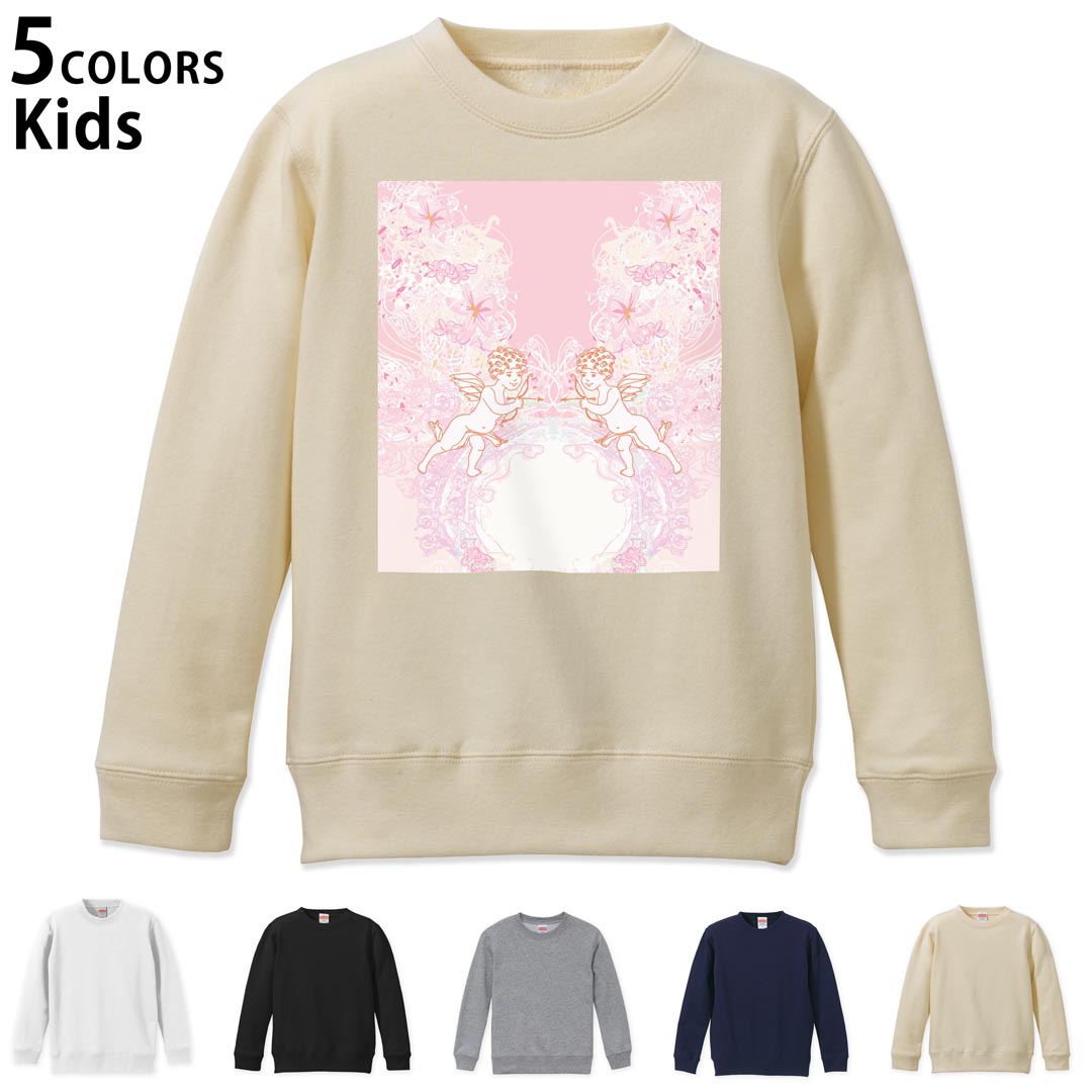 選べる5カラー スウェット トレーナー キッズ 男女兼用 男の子 女の子 ユニセックス unisex 長袖 デザイン リブ ホワイト ブラック 白 黒 グレー ネイビー ベージュ 110 130 150 trainer sweat 005669 天使　ピンク